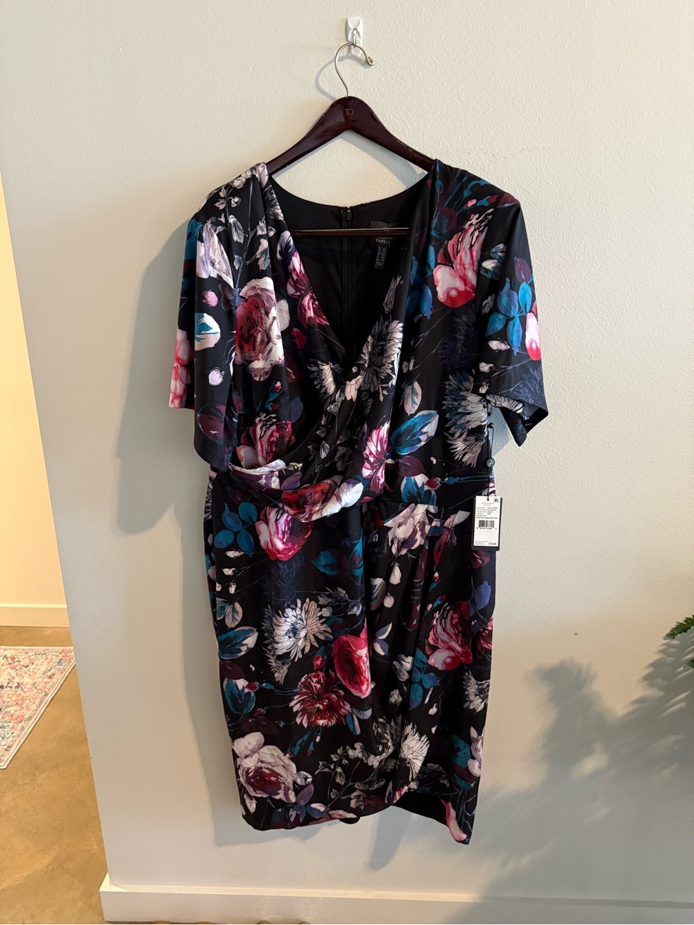 Adrianna Papell Black Floral Midi Dress with Pink & Teal Blooms